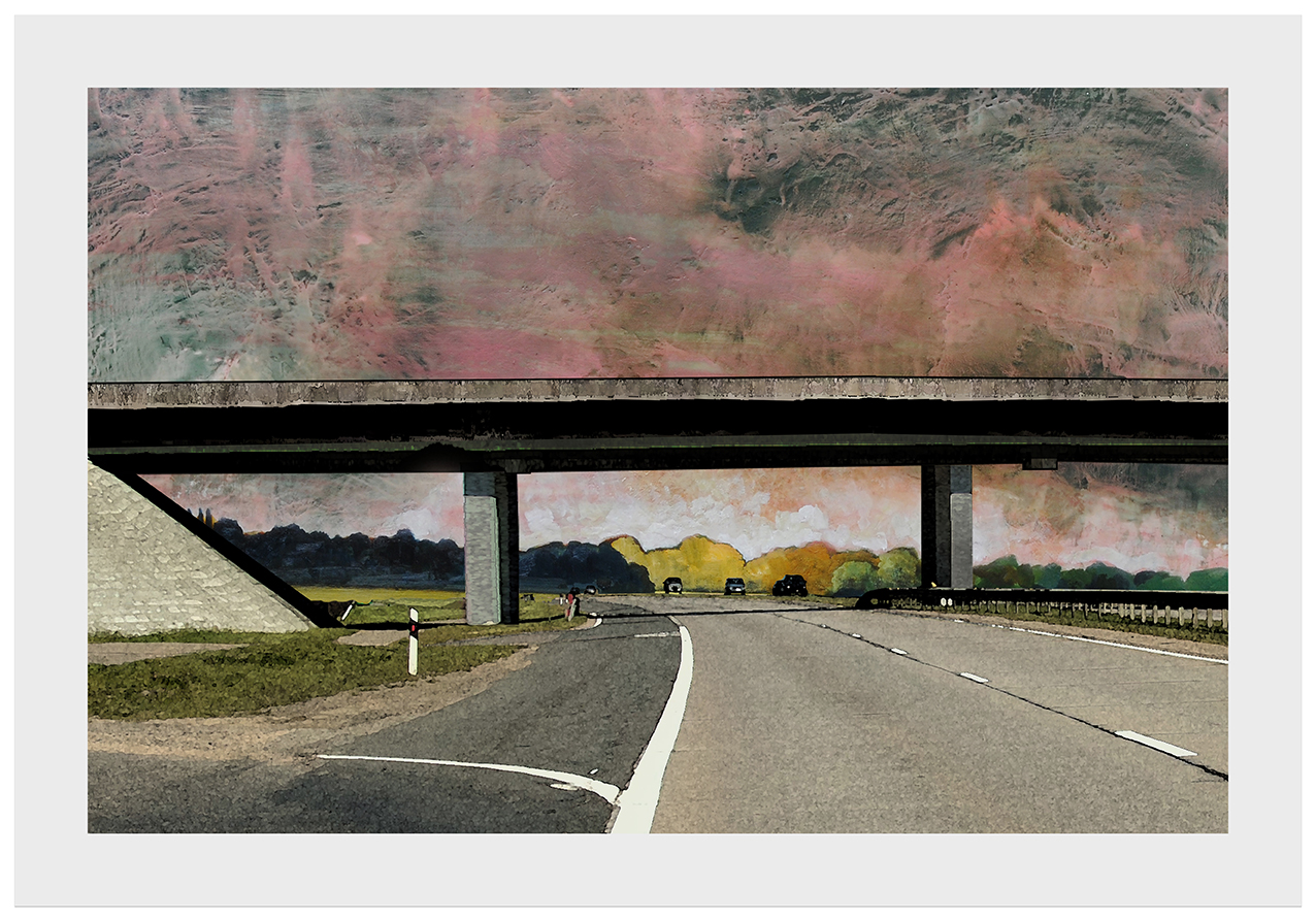 A wide road, green trees and a dark sky with gray clouds A,Wide,Road,,Green,Trees,And,A,Dark,Sky,With